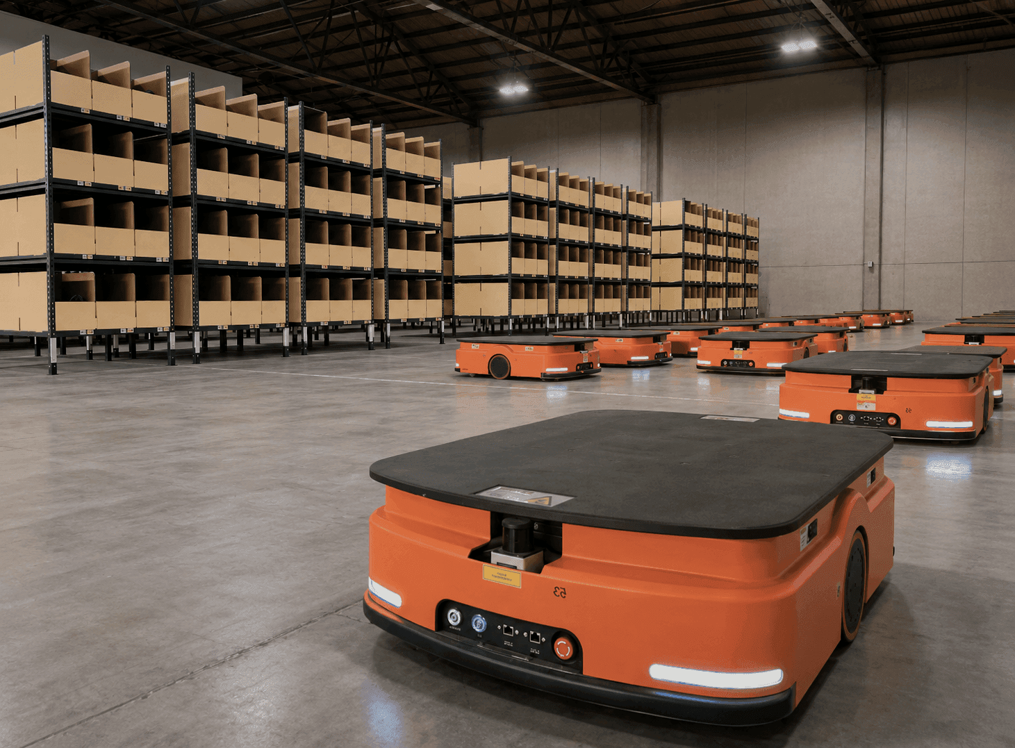 Fleet of autonomous mobile robots staged inside a warehouse