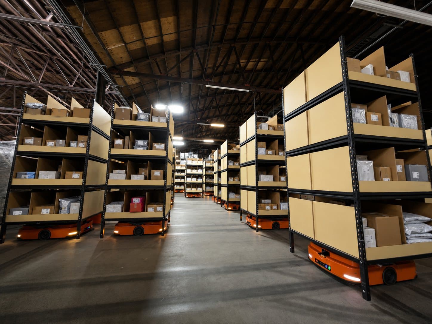 Autonomous mobile robot fleet moving storage shelves through an active warehouse aisle