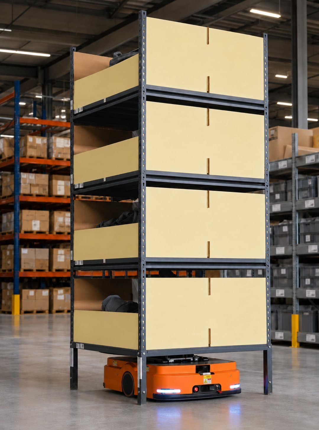 Robotic storage shelves moving through a warehouse operation